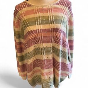 Alfred Dunner mauve and green striped sweater with crocheted and metal studs 2XL